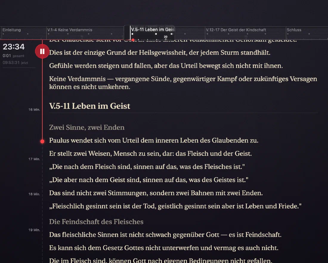 Verbatums Reden-Ansicht: ein Timer bei 12:48, ein Abschnittslineal und die nächsten Sätze der Predigt zum Vorlesen bereit.