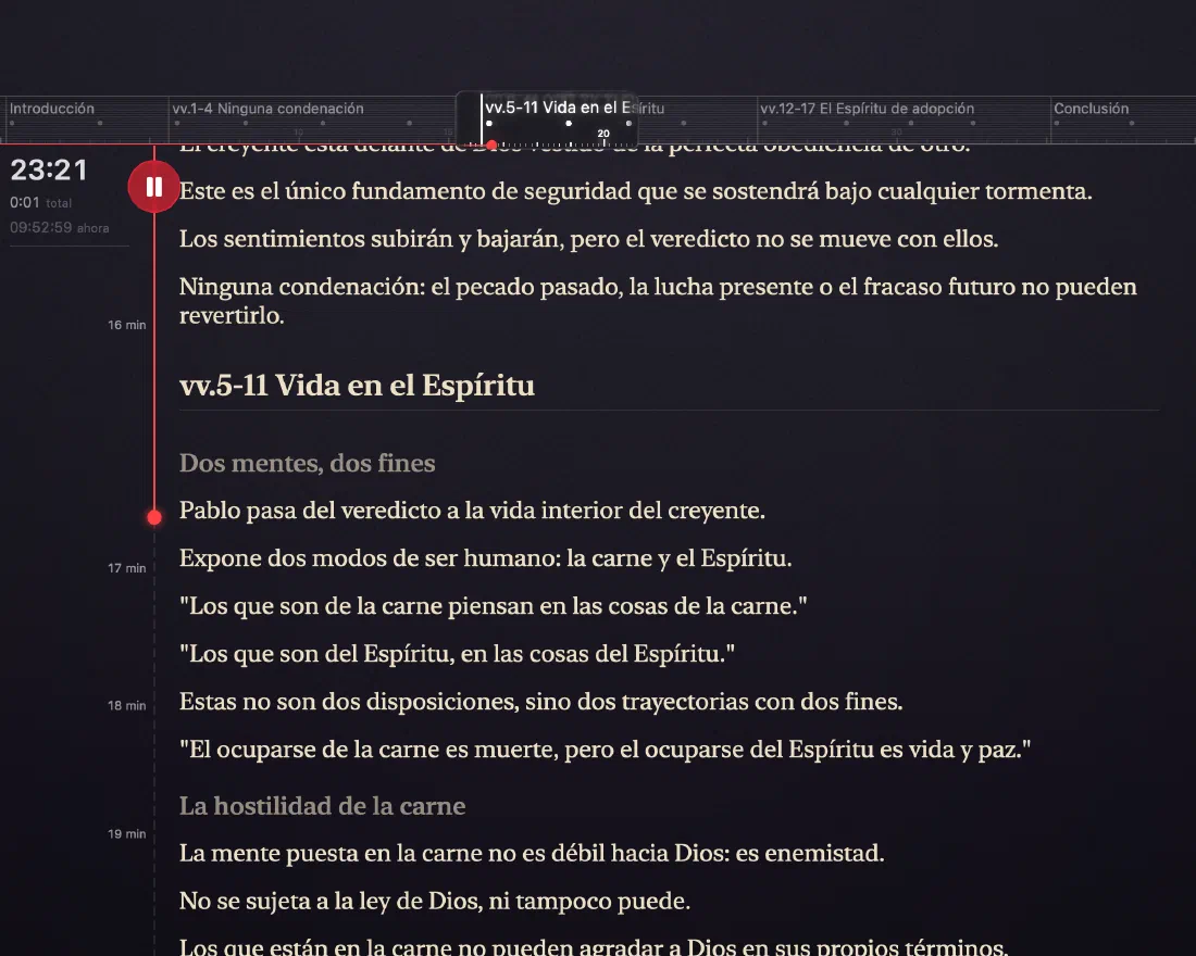 Verbatum's Speech view: a 12:48 elapsed timer, a section ruler, and the next sentences of the sermon ready to read.