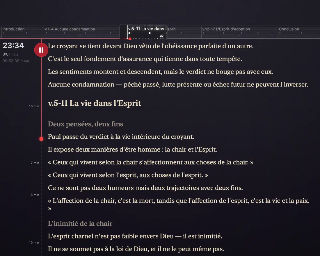 La vue Discours de Verbatum : un chronomètre à 12:48, une règle de section, et les prochaines phrases de la prédication prêtes à être lues.