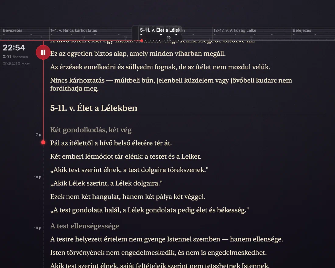 A Verbatum Beszéd nézete: 12:48-as eltelt időmérő, szakaszvonalzó és a prédikáció következő mondatai olvasásra készen.