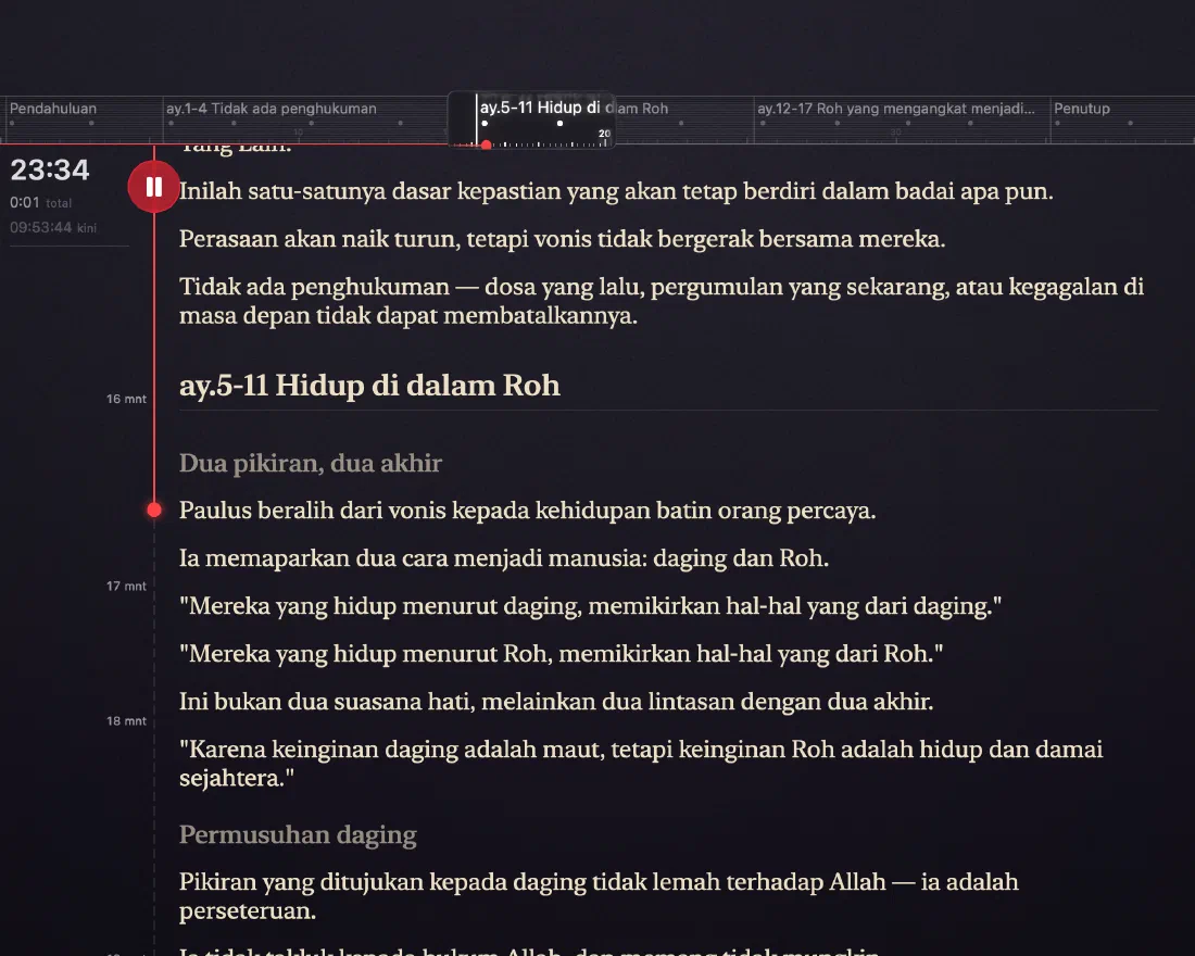Tampilan Khotbah Verbatum: pengatur waktu 12:48, mistar bagian, dan kalimat berikutnya siap dibaca.