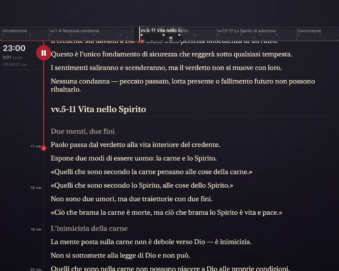 La vista Discorso di Verbatum: un timer a 12:48, un righello di sezione e le frasi successive del sermone pronte da leggere.