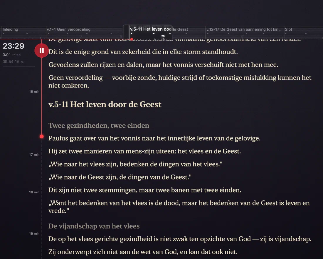 Verbatums Preekweergave: een timer op 12:48, een sectiebalk en de volgende zinnen van de preek klaar om te lezen.