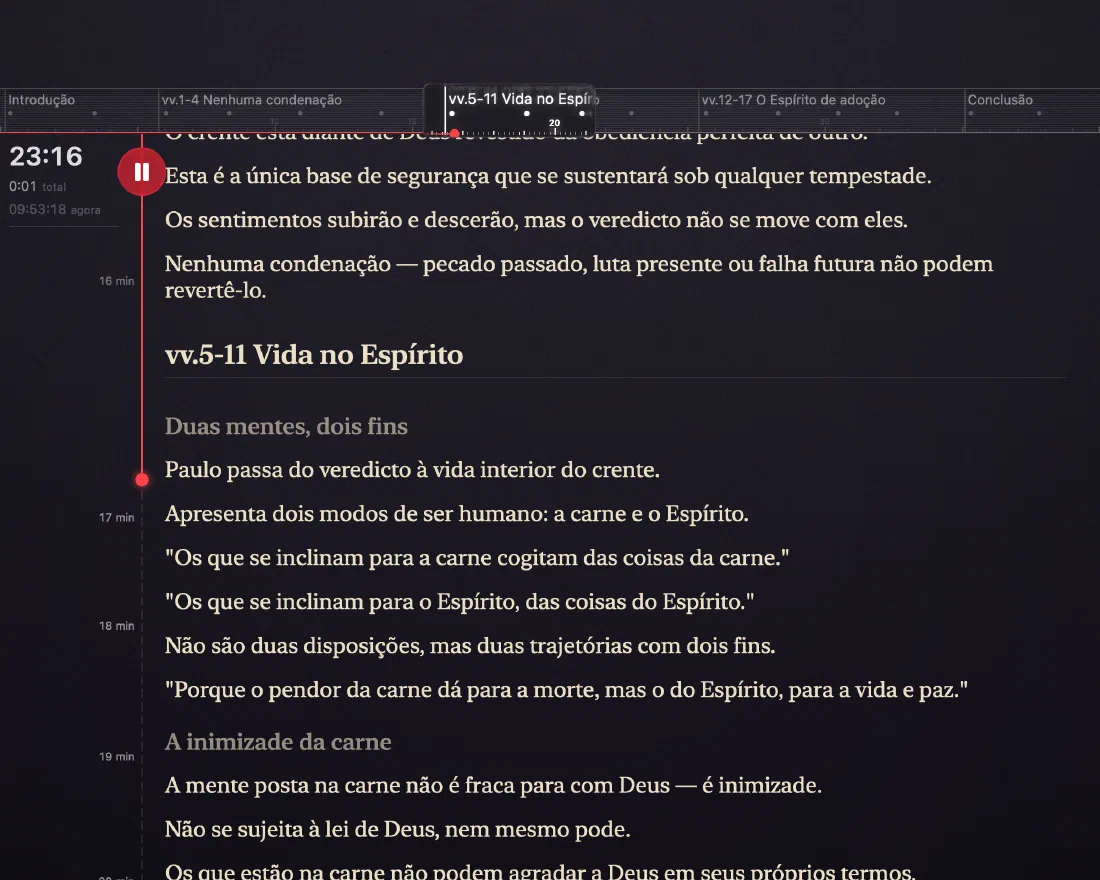 A visão de Discurso do Verbatum: um cronômetro mostrando 12:48, uma régua de seção e as próximas frases do sermão prontas para serem lidas.